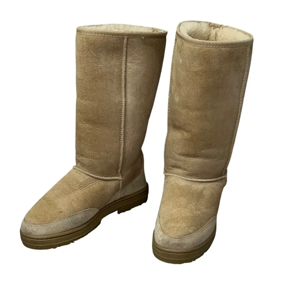 UGG Ultra Tall Boots Womens 6 Sand‎ Sheepskin Embroidered Braid 5245 Made in NZ